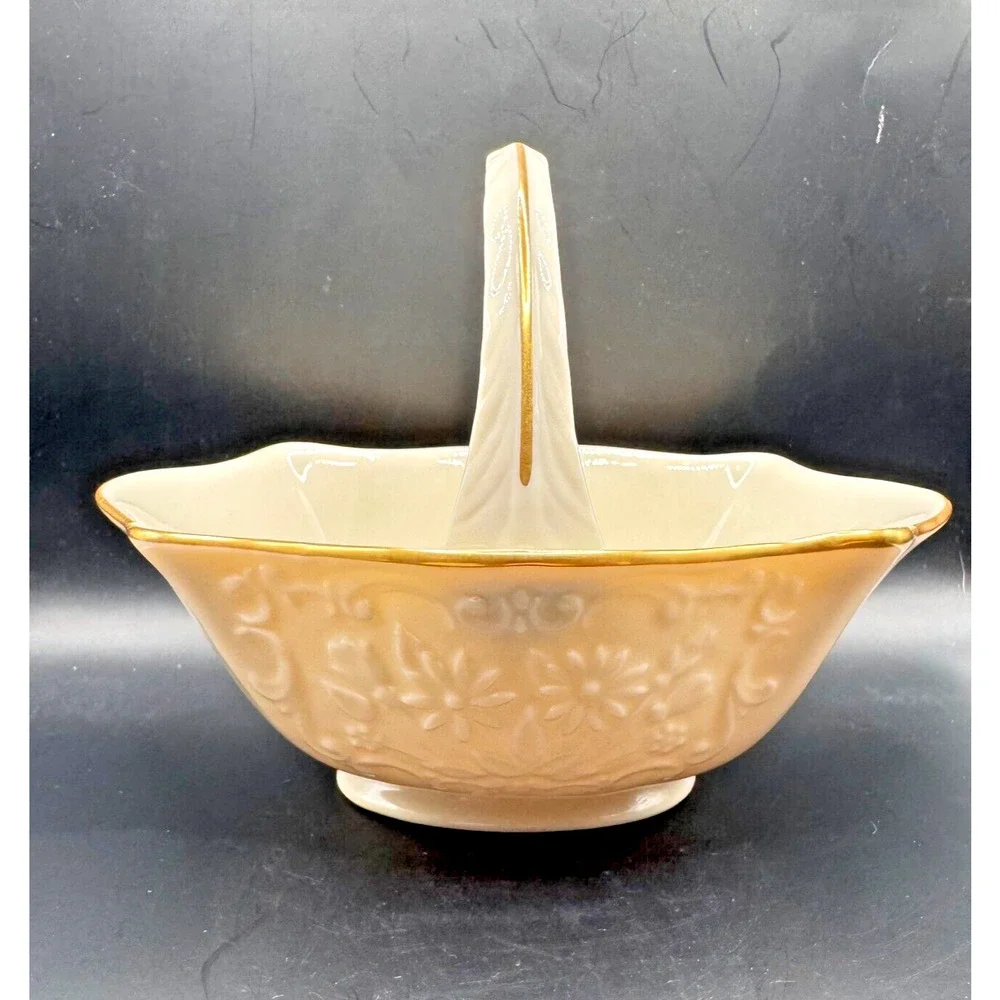 Vintage Lenox Sans Souci 24k Gold Trim Small Porcelain Floral Basket 6